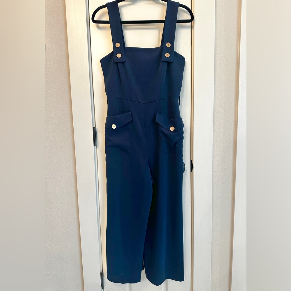 70s Style Gianni Bini Blue Wide Leg Jumpsuit with Square Neckline + Fitted Waist